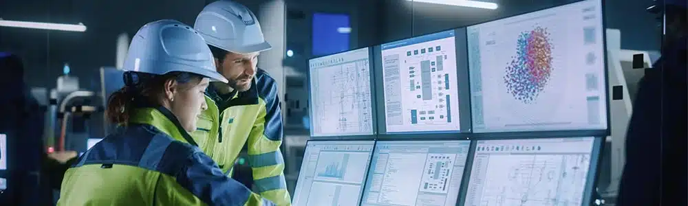 Mann und Frau mit gelben Westen und weißen Bauhelmen vor Monitoren - Prozessleitsysteme | TRIPS group